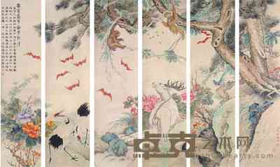 郑集宾 周敬厂等 富贵寿考 立轴 139×34cm×6